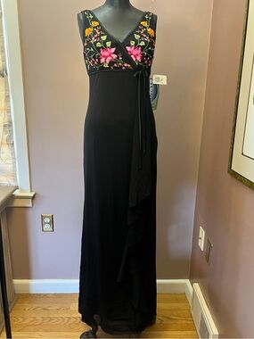 Y2K Deadstock Dusk Embroidered Halter Floral Maxi Cocktail Dress S 4/6 Mexican